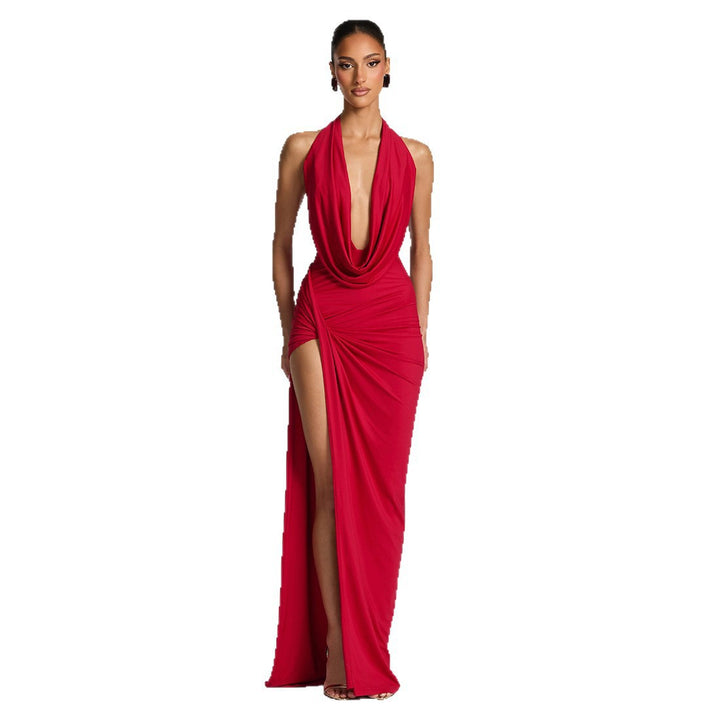 Damen Elegantes Maxikleid mit tiefem Halsochnitt und seitlichem slit Drune