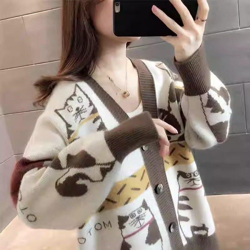 Damen Verspielte Cardigan mit Katzenmuster Drune
