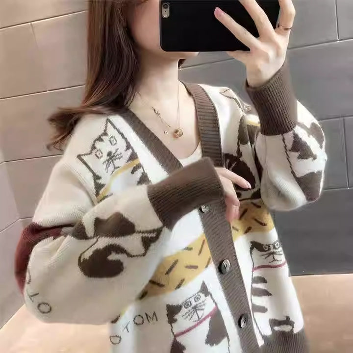 Damen Verspielte Cardigan mit Katzenmuster Drune