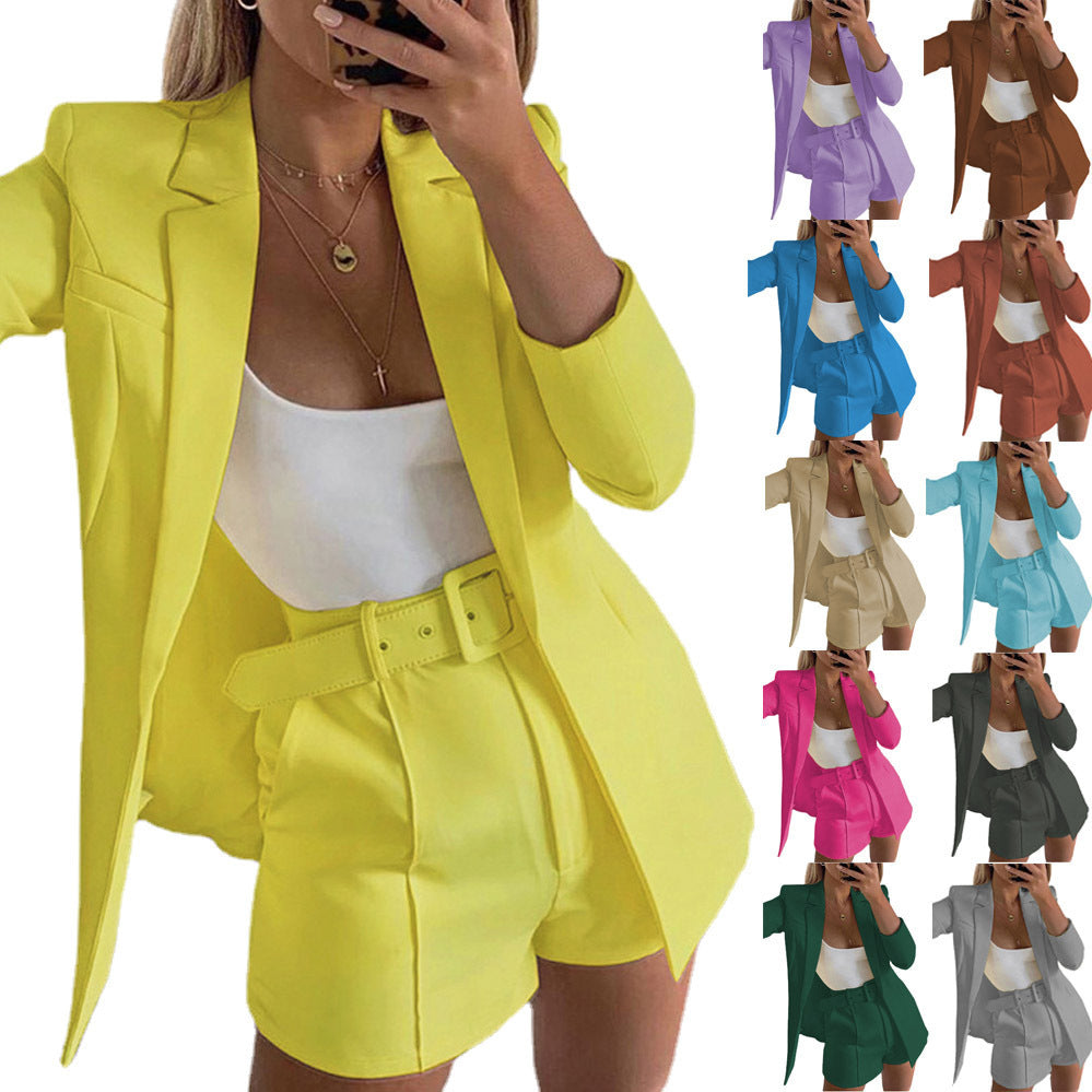 Damen Zweiteiliges maßgeschneidertes Blazer‑Set mit hochtaillierten Shorts und Gürtel Drune