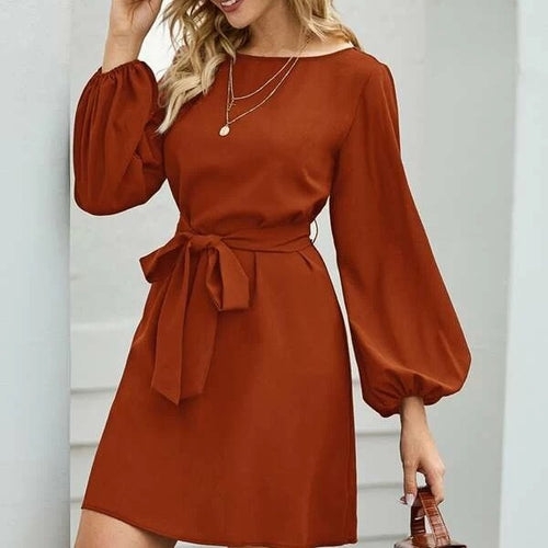 Damen nan elegantes Etuikleid mit Ballonärmeln und Taillengürtel Drune