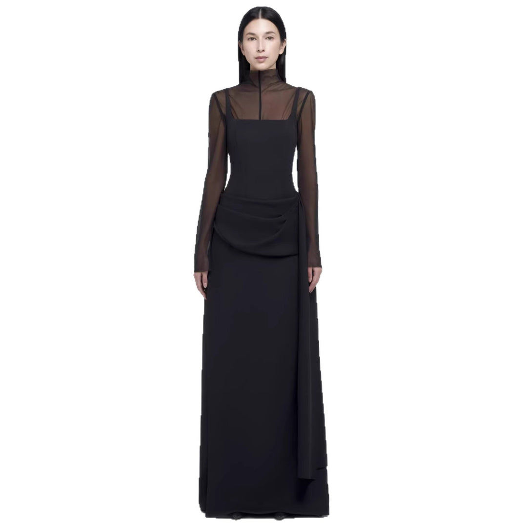 Damen Elegantes Maxikleid mit transparenten Ärmeln und drapiertem Rock Drune