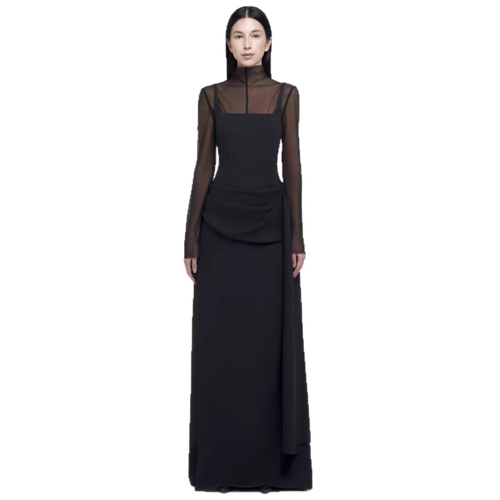 Damen Elegantes Maxikleid mit transparenten Ärmeln und drapiertem Rock Drune