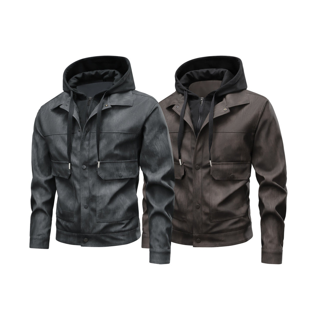 Herren Modische Kunstlederjacke mit Hoodie Drune