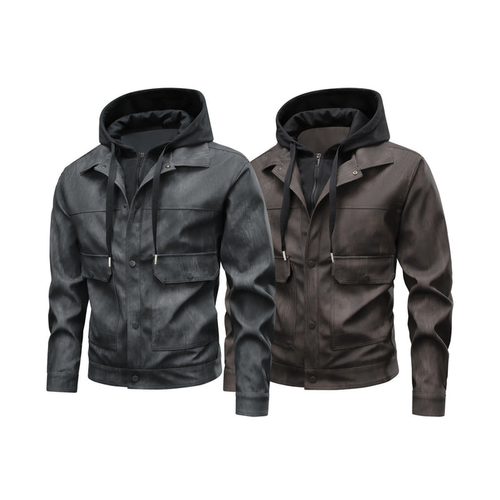 Herren Modische Kunstlederjacke mit Hoodie Drune