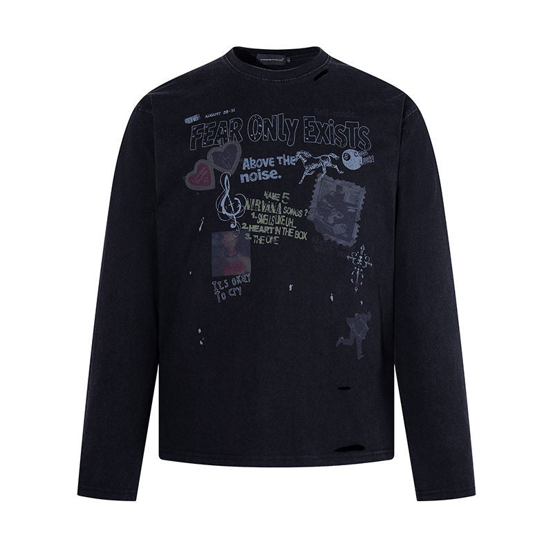 Herren Langarmshirt mit Print-Collage, Distressed‑Details und Relaxed‑Fit Drune