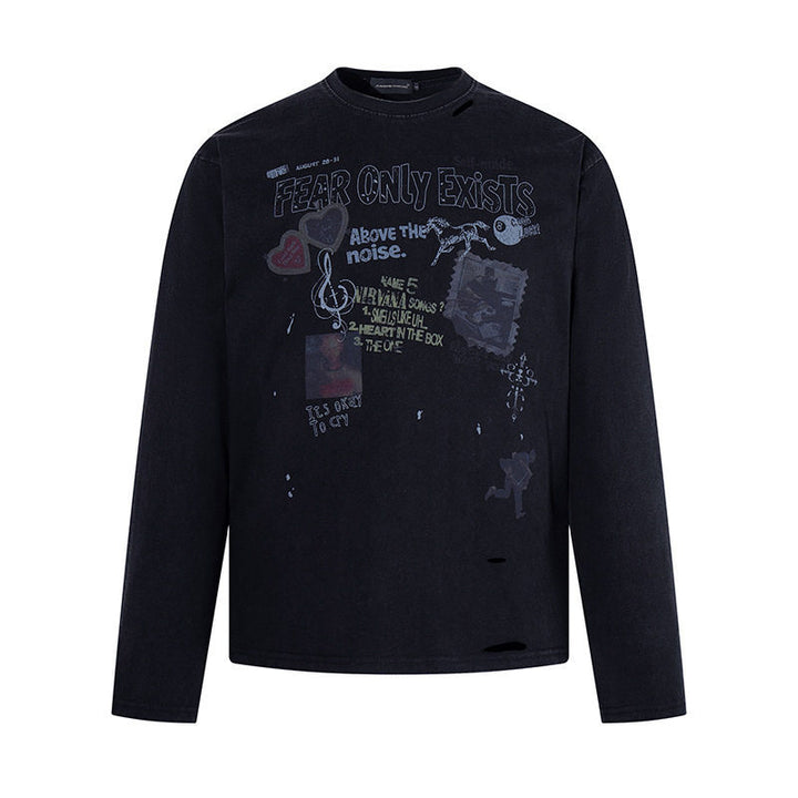 Herren Langarmshirt mit Print-Collage, Distressed‑Details und Relaxed‑Fit Drune