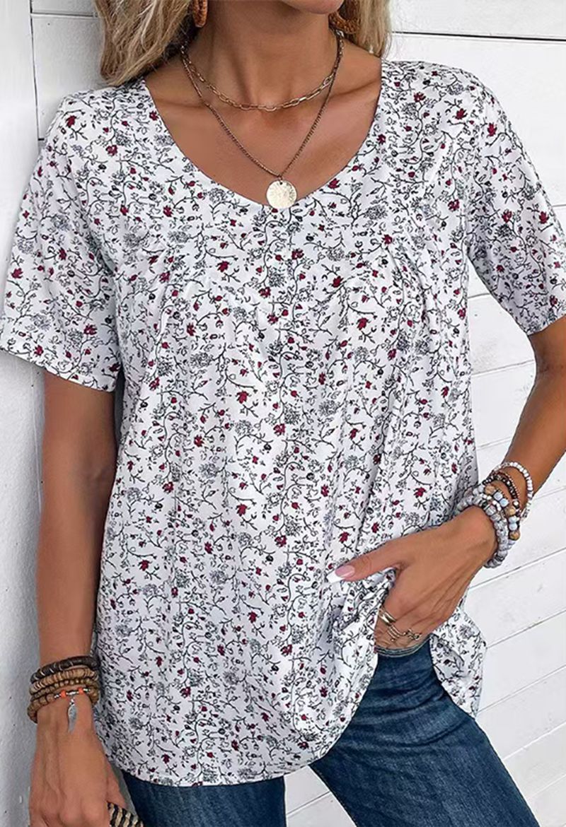 Damen nan locker geschnittene Kurzarmbluse mit V-Ausschnitt, feinem Blumenprint und Kellerfalte Drune