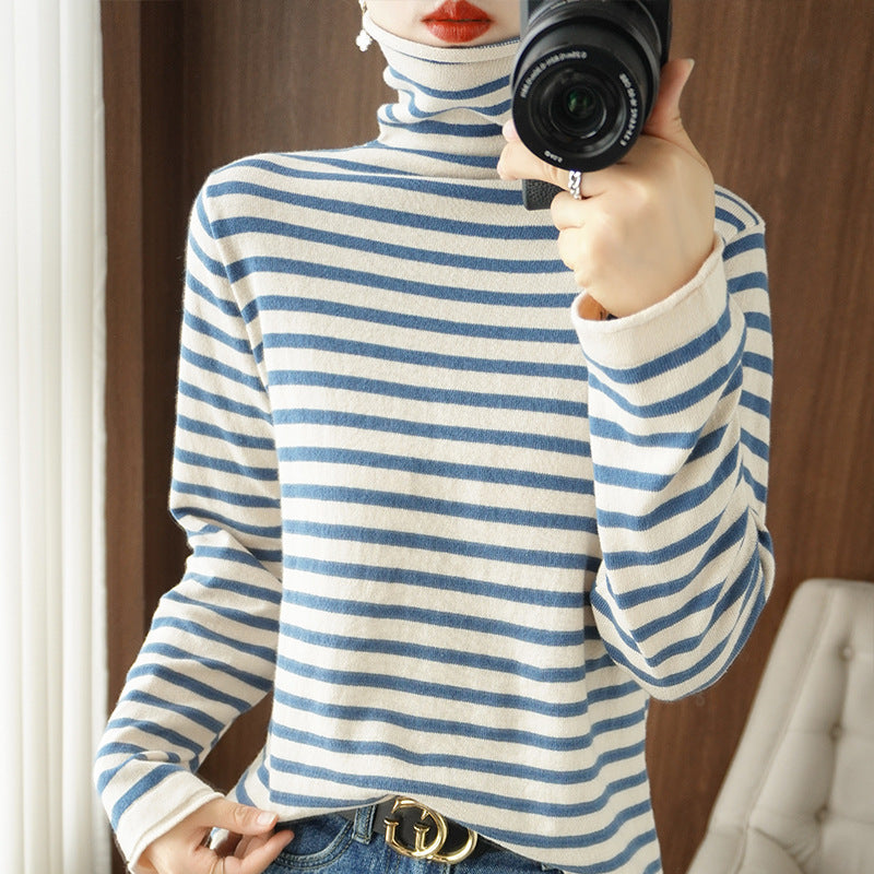 Damen Maritimer Feinstrick-Turtleneck mit feinem Streifenmuster und schlanker Passform Drune