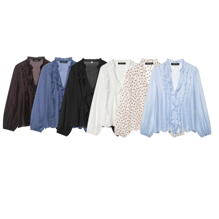 Damen Leichte Chiffon-Bluse mit Volantknopfleiste und Ballonärmeln Drune