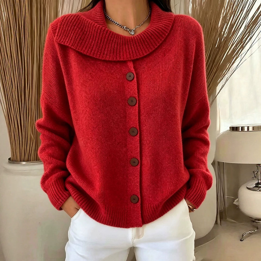 Damen Kuscheliger Knopf-Cardigan mit breitem Rollkragen und gerippten Bündchen Drune