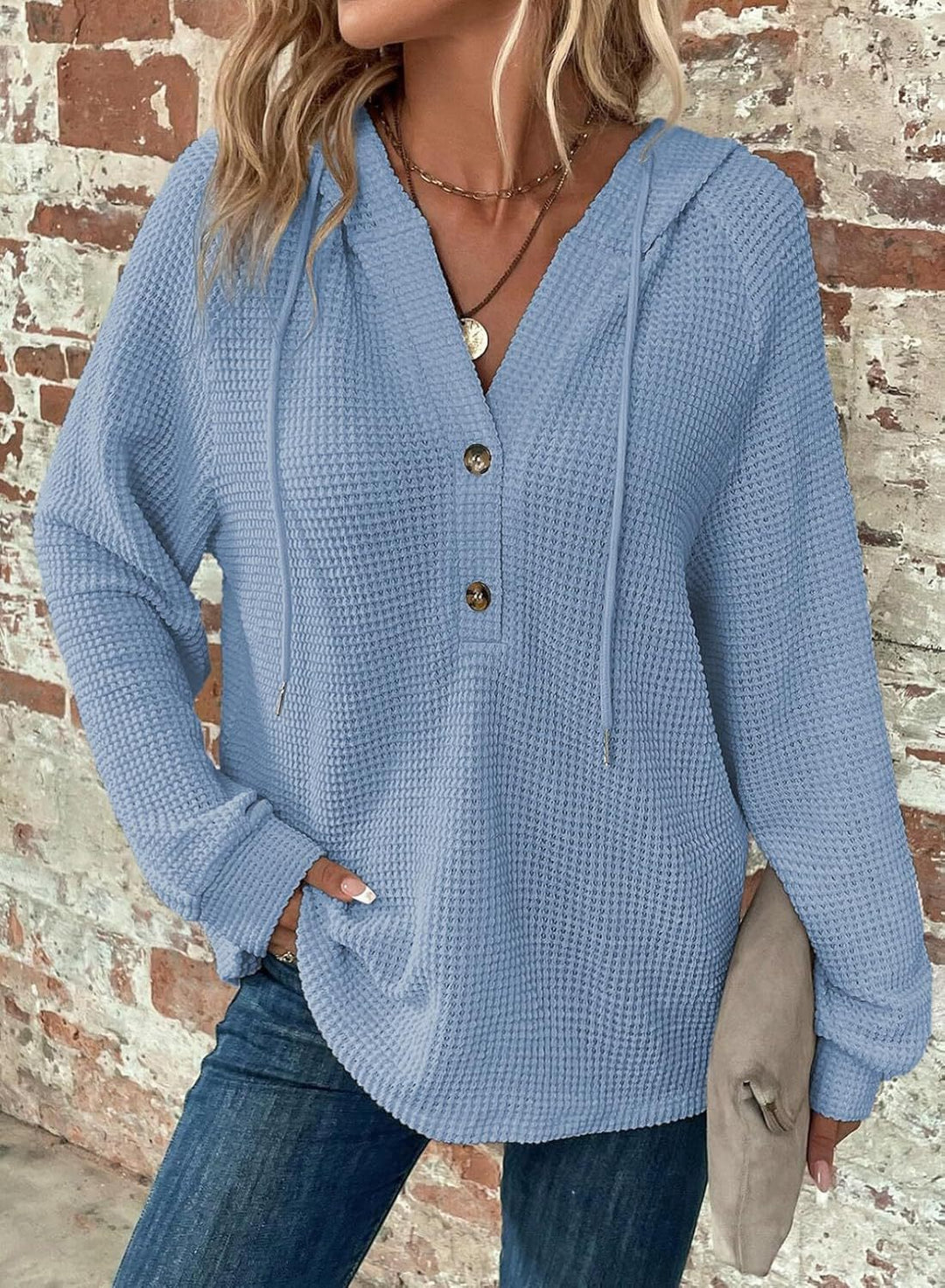 Damen gemütlicher Strickpullover mit Kapuze und Knopfleiste Drune