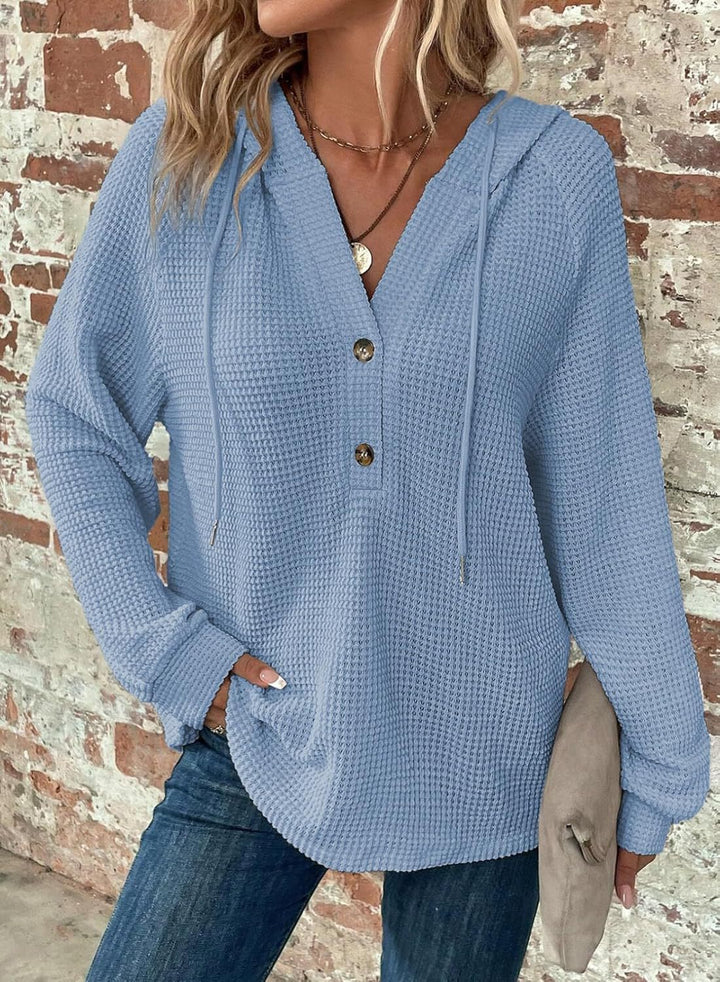 Damen gemütlicher Strickpullover mit Kapuze und Knopfleiste Drune
