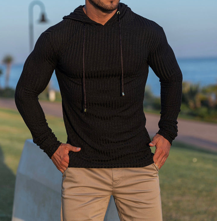 Herren eng anliegendes Rippstrick-Kapuzenlongsleeve mit Slim-Fit und Elastikanteil Drune