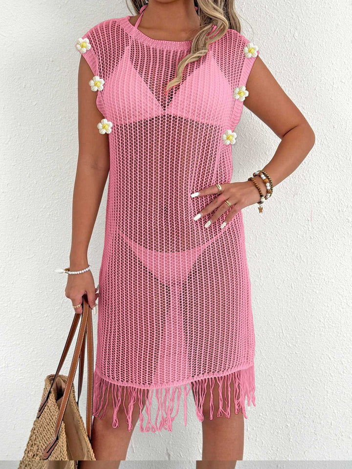Damen luftiger Netzstrandkleid mit Fransen Drune