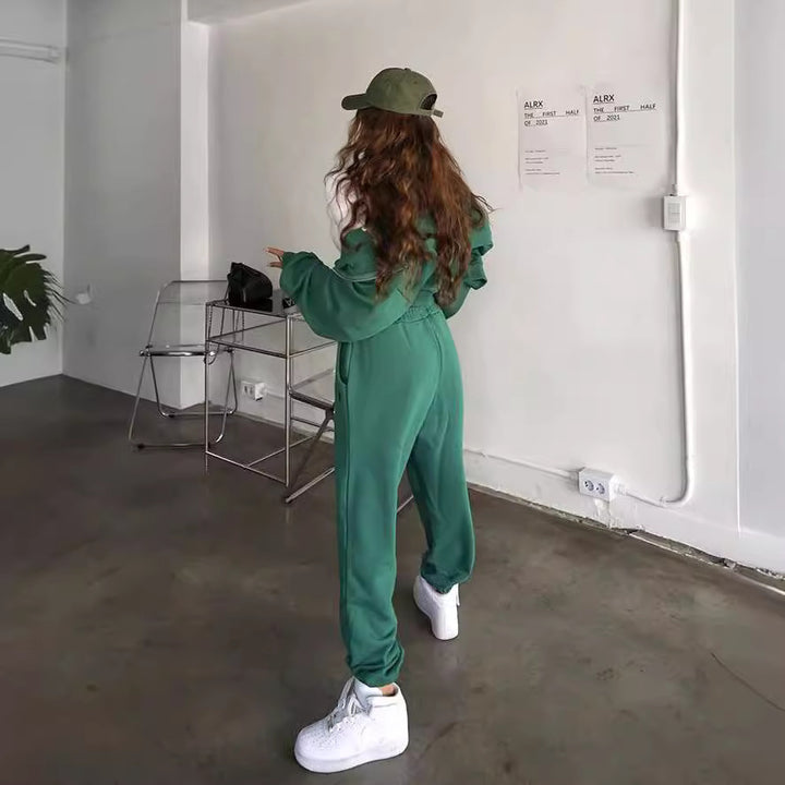 Damen lässiges Set mit cropped Kapuzenjacke und Jogginghose Drune