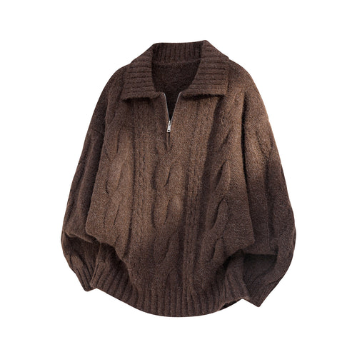Damen Oversize Strickpullover mit halbem Reißverschluss, Zopfmuster und Ballonärmeln Drune