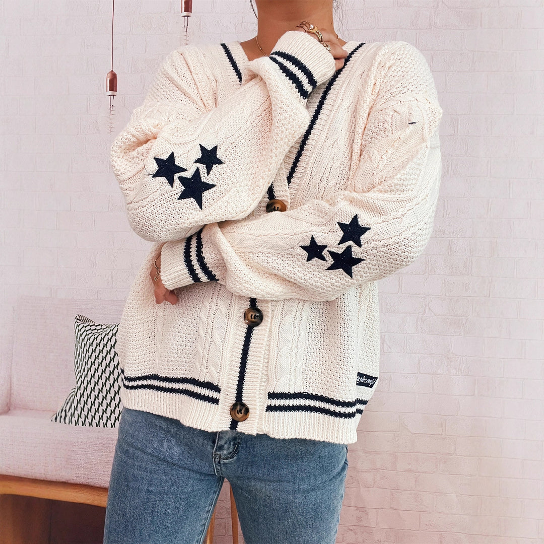 Damen gemütliche Strickjacke mit Sternen-Applikationen und modernen Details Drune
