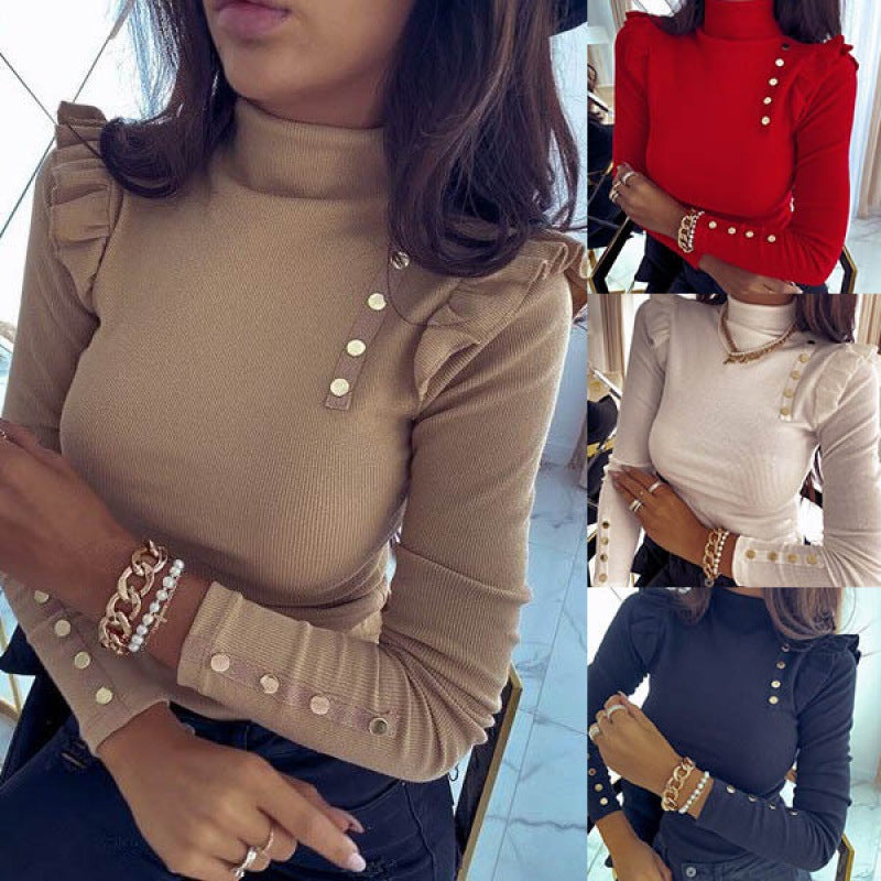 Damen Gerippter Rollkragenpullover mit Rüschenschultern und Zierknöpfen Drune