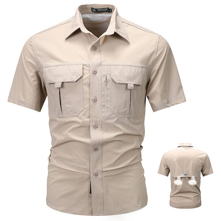 Men's  tactical short sleeve button shirt with dual flap chest pockets and discreet zip utility pocket Drune