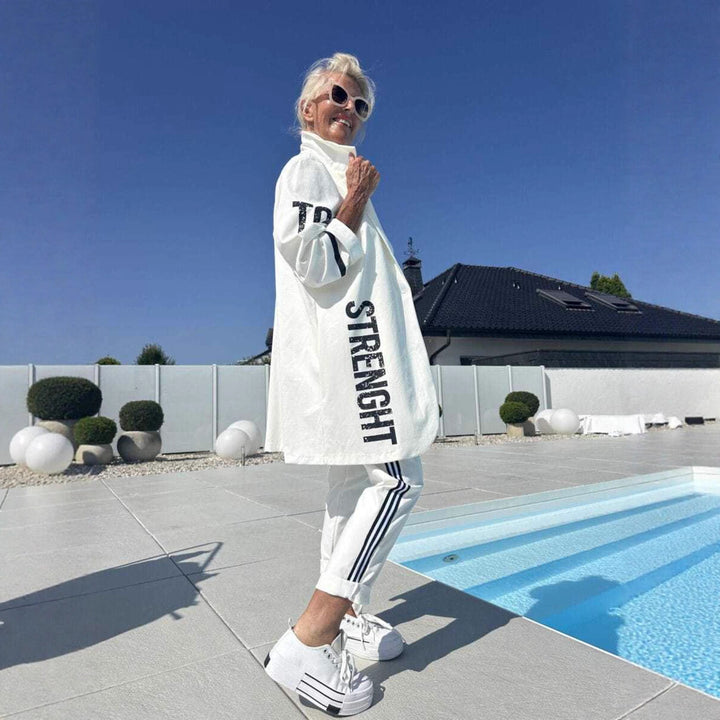 Damen lässiger Trenchcoat mit modischen Streifen und stylischem Schriftzug Drune