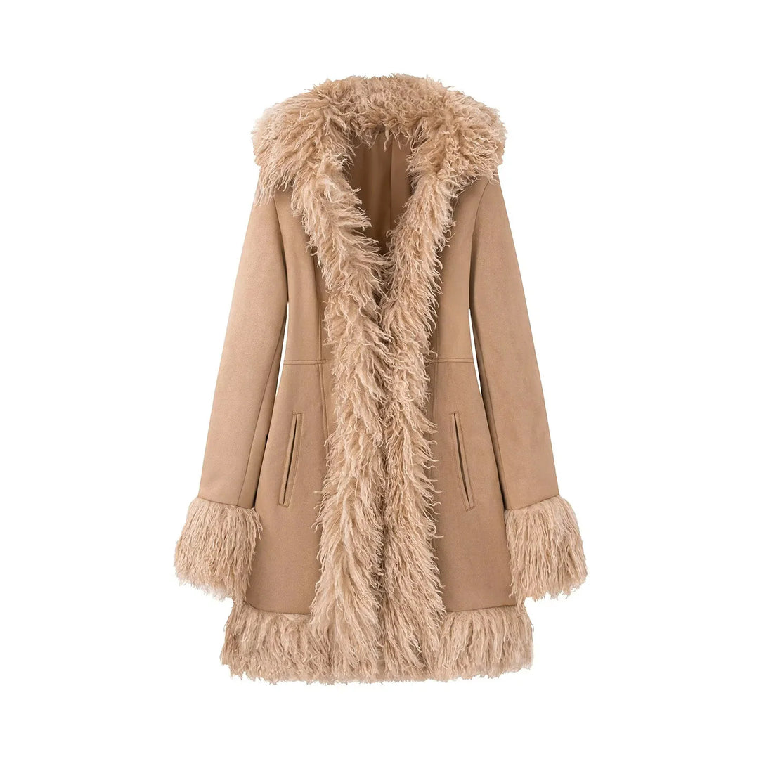 Damen nan langer Mantel mit Kapuze und langflorigem Lammfellimitatbesatz Drune