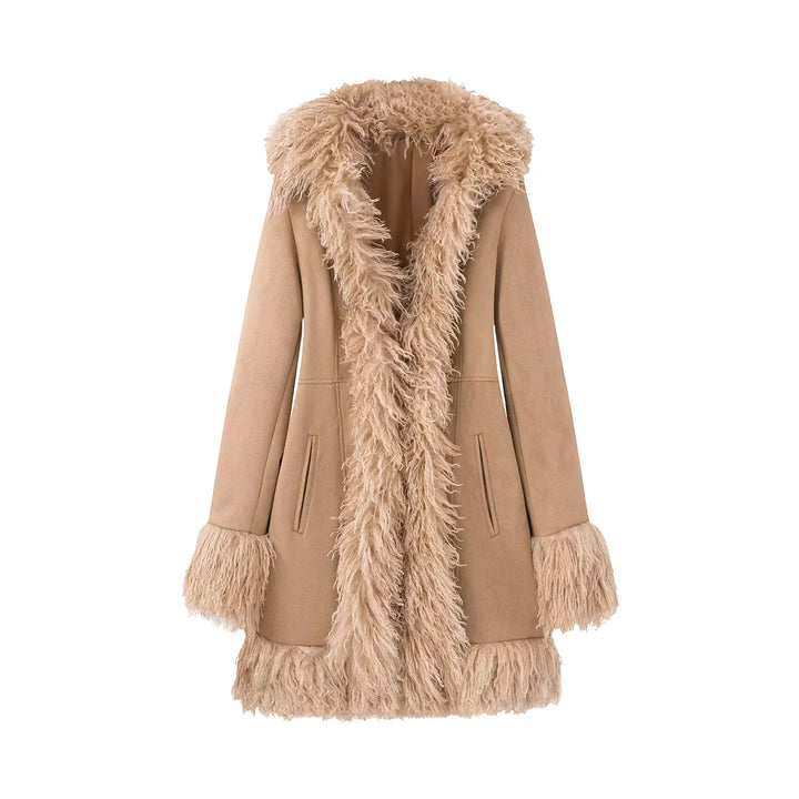 Damen nan langer Mantel mit Kapuze und langflorigem Lammfellimitatbesatz Drune