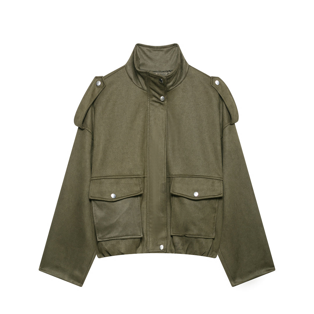 Damen Kurze Wildlederoptik-Fieldjacke mit Stehkragen, Pattentaschen und Schulterklappen Drune