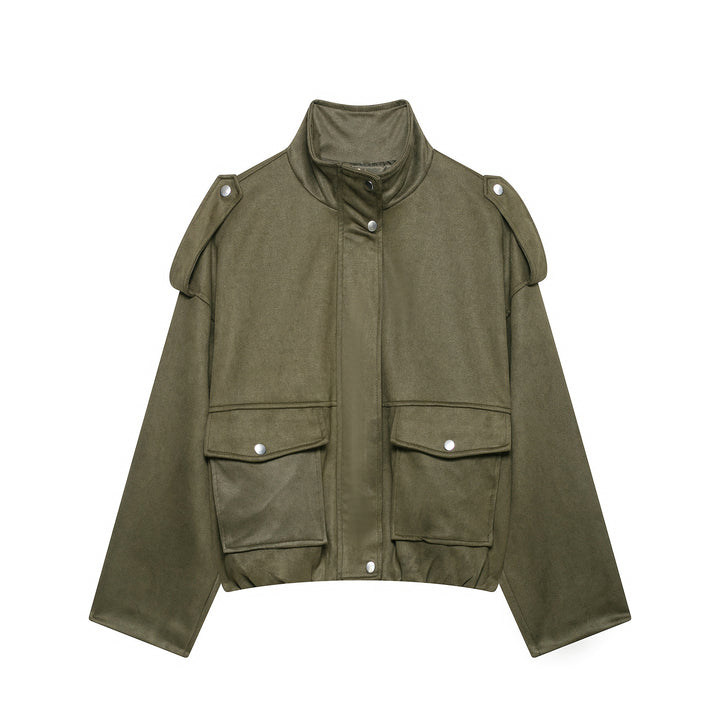 Damen Kurze Wildlederoptik-Fieldjacke mit Stehkragen, Pattentaschen und Schulterklappen Drune