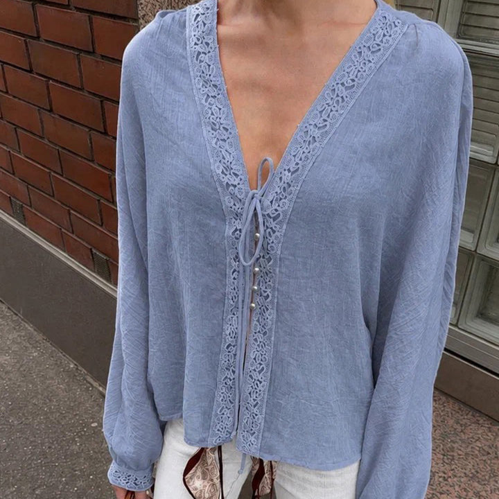 Damen Leichte V-Ausschnitt-Spitzenbluse mit Bindeband, Perlendetail & Volumenärmeln Drune