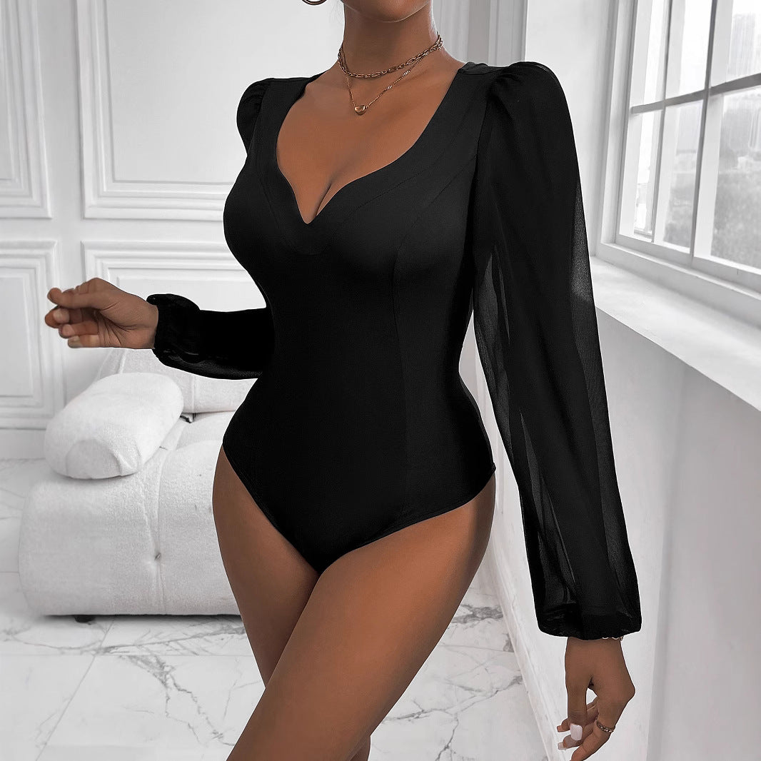 Damen Body mit tiefem V-Ausschnitt und transparenten Puffärmeln Drune