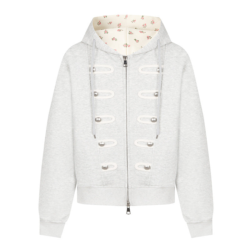Damen Kapuzen-Sweatjacke mit dekorativen Schlaufen und Metallknopf-Details Drune