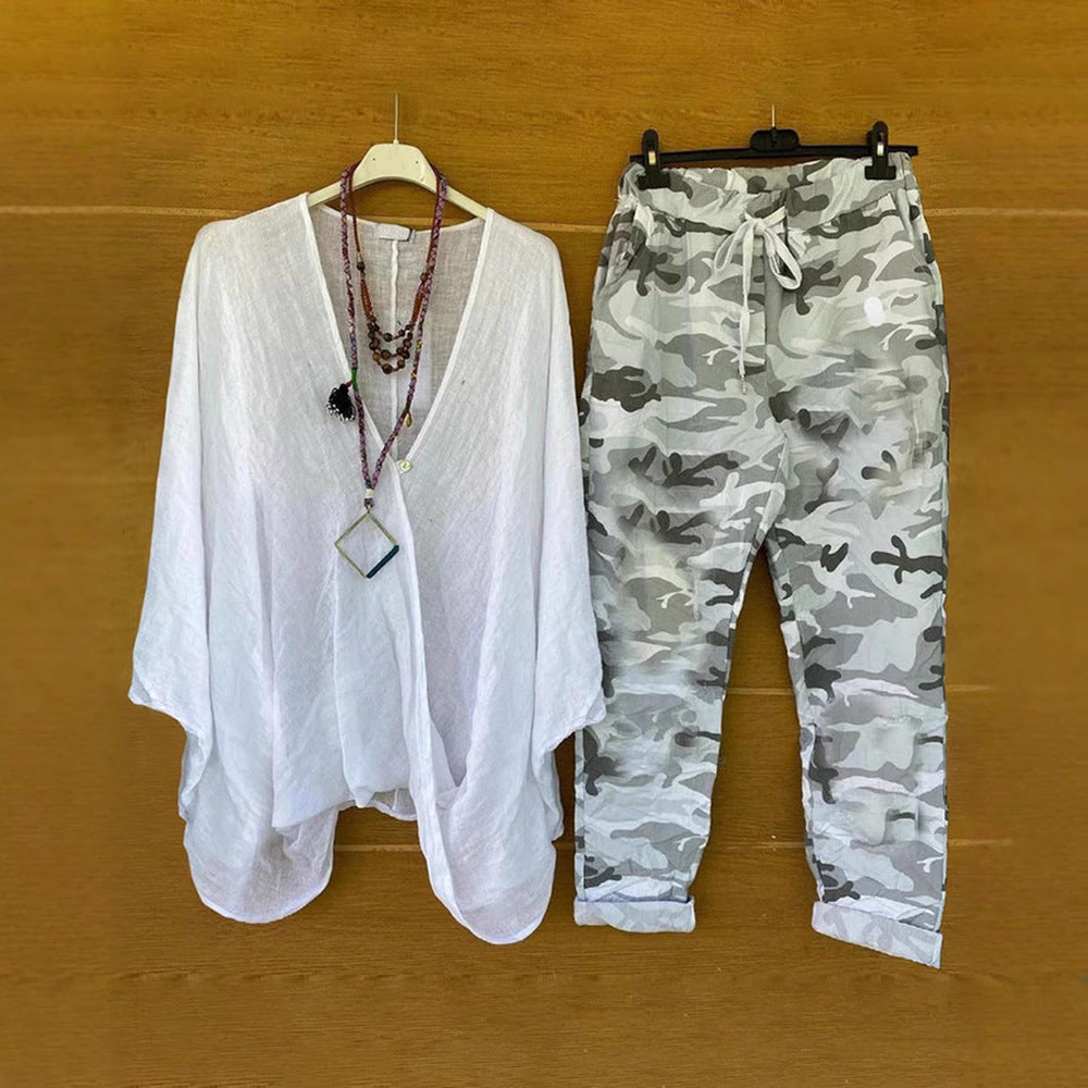 Damen nan Zweiteiler aus fließendem Kimono-Top und Camouflage-Jogginghose Drune