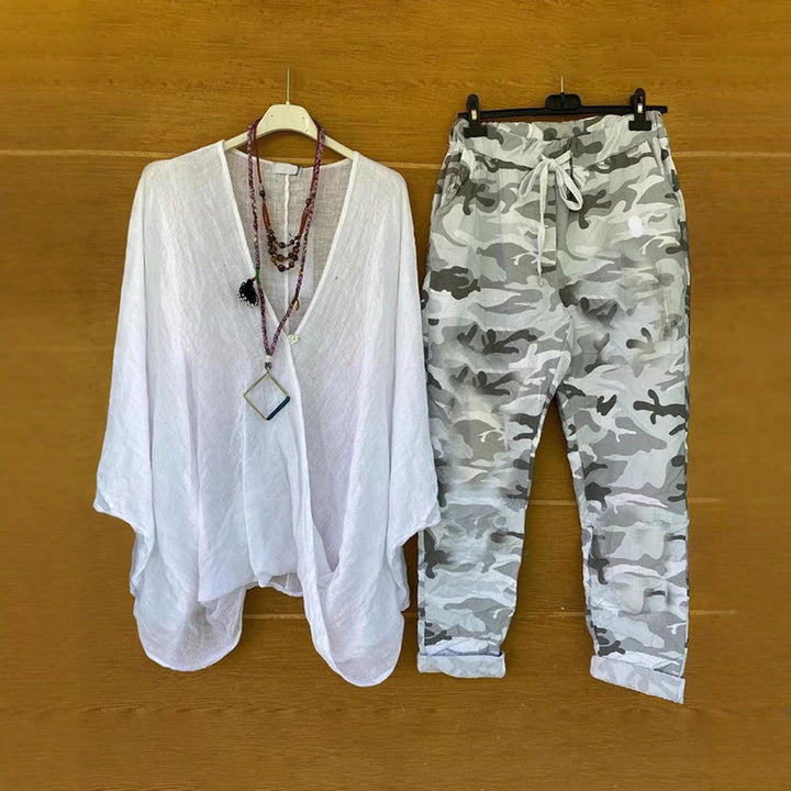 Damen nan Zweiteiler aus fließendem Kimono-Top und Camouflage-Jogginghose Drune