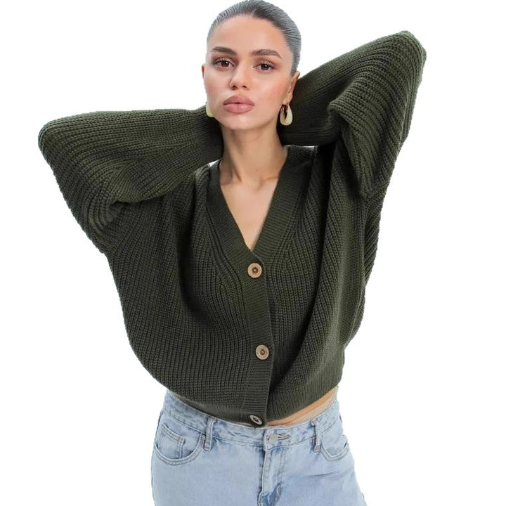 Damen lässiger Strickjacke mit voluminösen Ärmeln und modernen Knopfdetails Drune