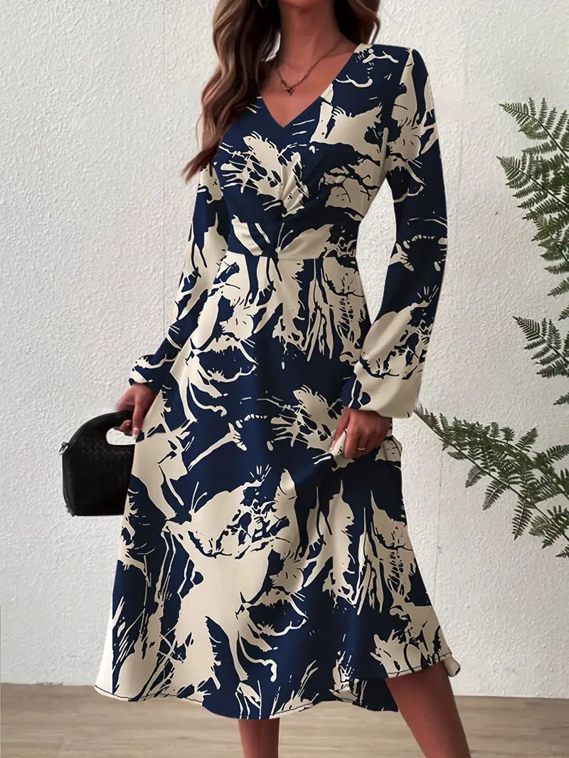 Damen Midi-Kleid mit floralen Details und schickem V-Ausschnitt Drune