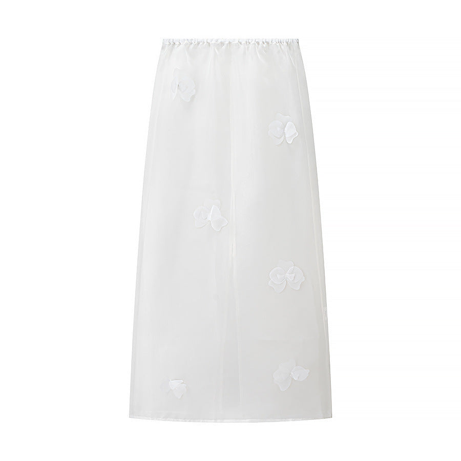 Damen Transparenter Organza-Unterrock mit elastischem Bund und 3D‑Blütenapplikation Drune