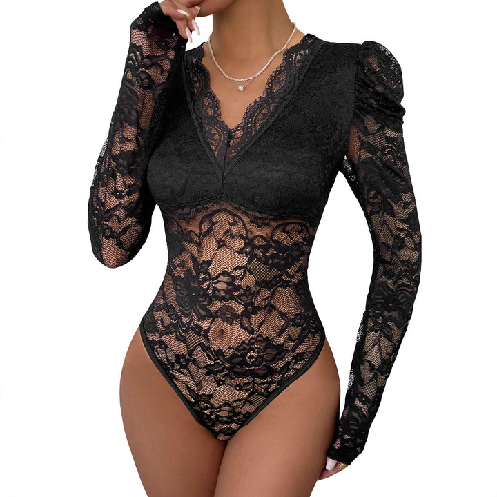 Damen Figurbetonter Spitzenbody mit transparentem Mesh, V‑Ausschnitt und Puffärmeln Drune