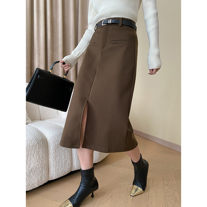 Damen eleganter Midirock mit hohem Bund und praktischen Eingrifftaschen Drune