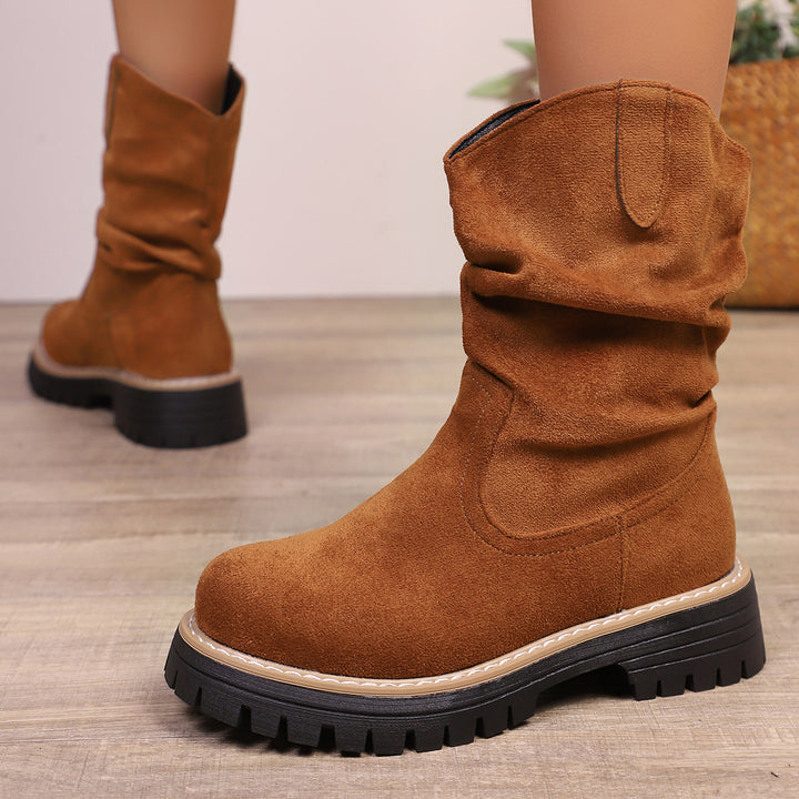 Damen weiche Wildleder-Stiefel mit lässigem Faltenlook und robuster Profilsohle Drune