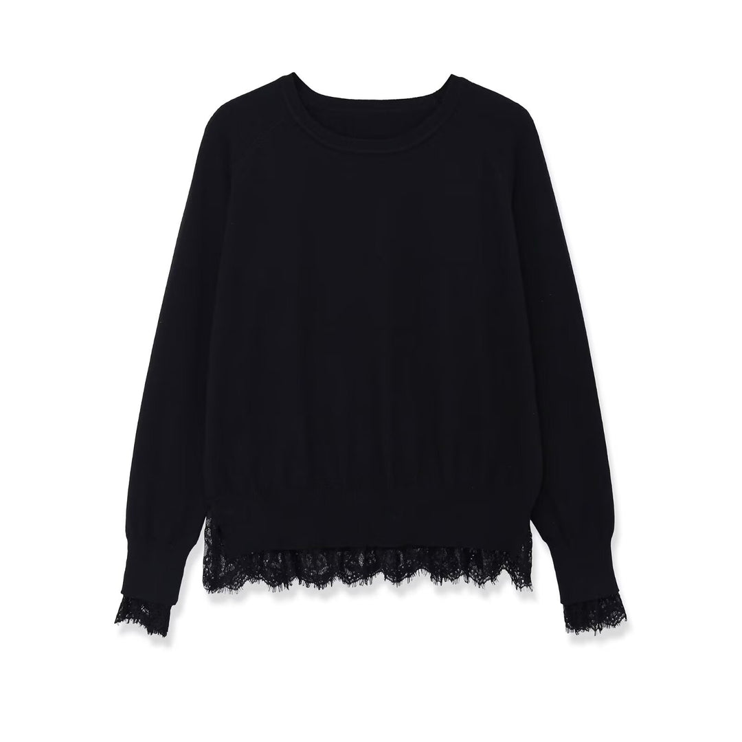 Damen Oversize Baumwollpullover mit Spitzenbesatz Drune
