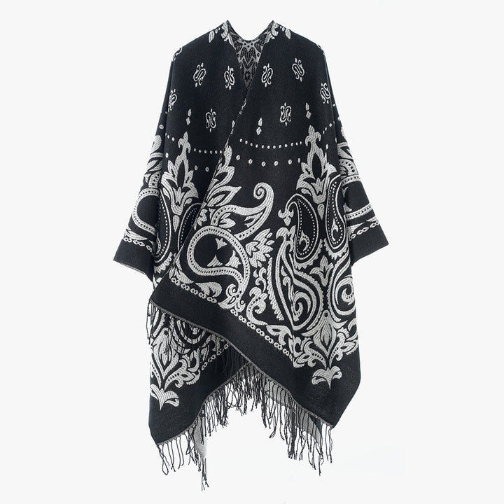 Damen Opulenter Jacquard‑Poncho im Kaftan‑Stil mit Fransen und Paisley‑Relief Drune