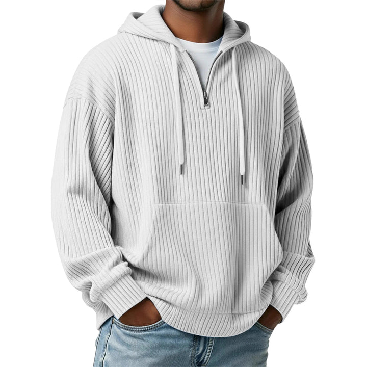 Herren gerippter Halfzip-Hoodie mit Kapuze, Kängurutasche und oversized Casual-Schnitt Drune