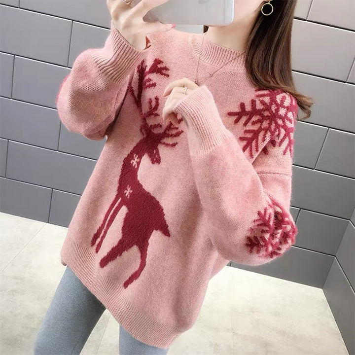 Damen Gemusterter Strickpullover mit Rentier-Jacquard, Rundhalsausschnitt und geripptem Saum Drune