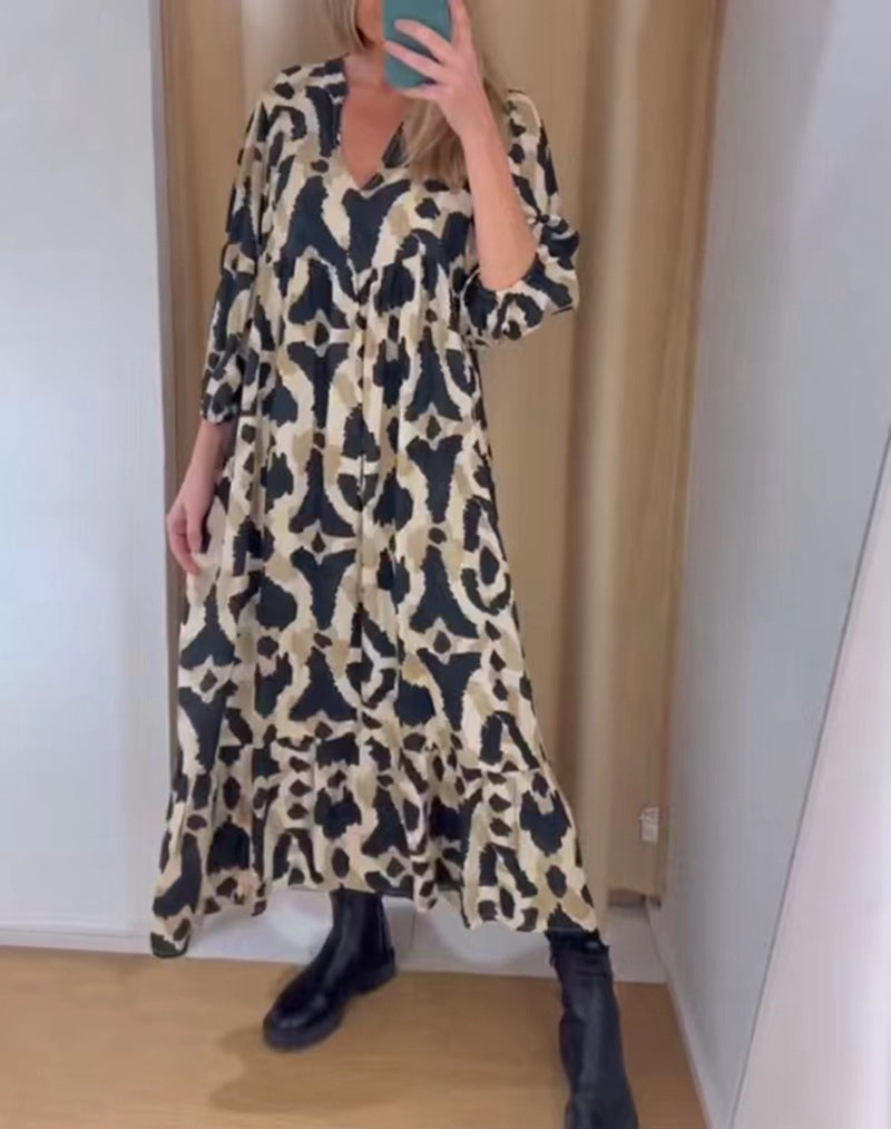 Damen nan weites Stufenmaxikleid mit V-Ausschnitt geraffter Brustpasse und Dreiviertelärmeln Drune