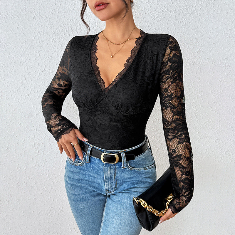 Damen Eleganter Spitzen-Body mit Korsett-Teilung und langen Transparentärmeln Drune