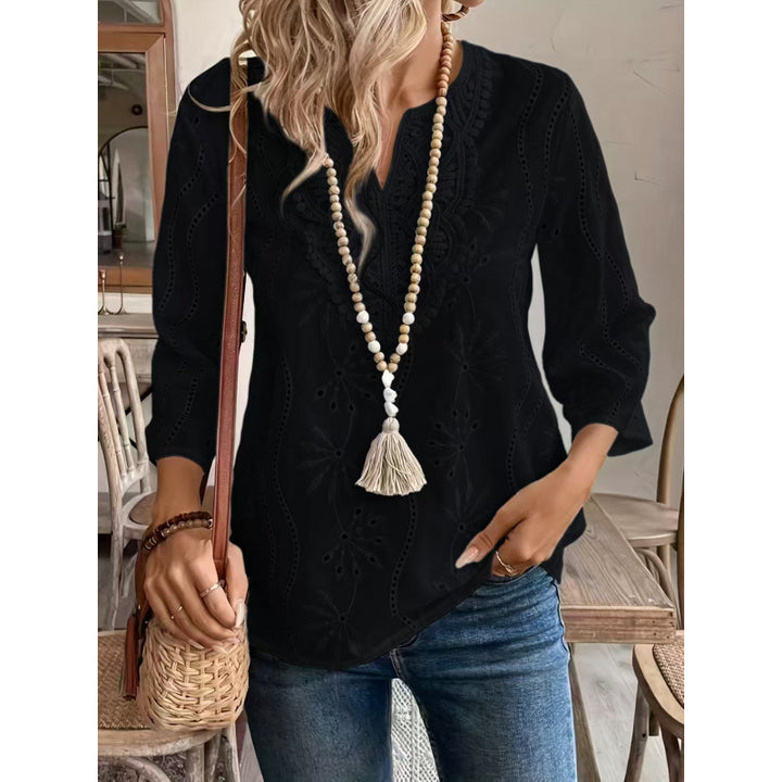 Damen bestickte Bohemian Bluse mit Dreiviertelärmeln Drune