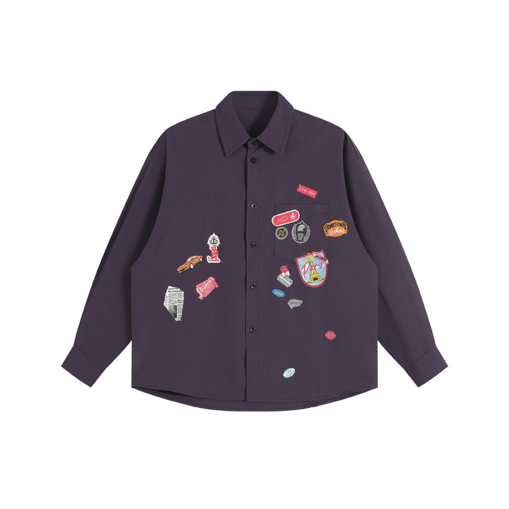 Unisex Lockeres Button-Down-Hemd mit vintage-inspirierten Emblem-Patches und Brusttasche Drune