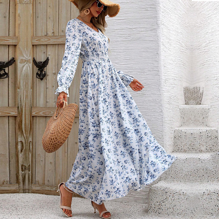 Damen fließendes Maxikleid mit Smoktaillenband V‑Ausschnitt und seitlichem Beinschlitz Drune