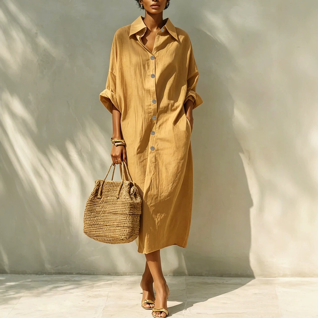Damen Langes Oversize-Hemdblusenkleid mit Kentkragen und durchgehender Knopfleiste Drune